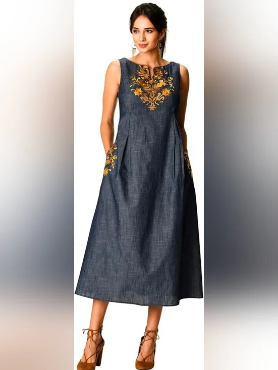 eshakti Chambray Sleeveless Midi Dress with Embroidery - Size 16 - Picture 4 of 11
